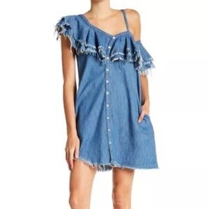 NWT Blank NYC Blue One Shoulder Ruffled Sundress Chambray Pockets Mini Sz Large